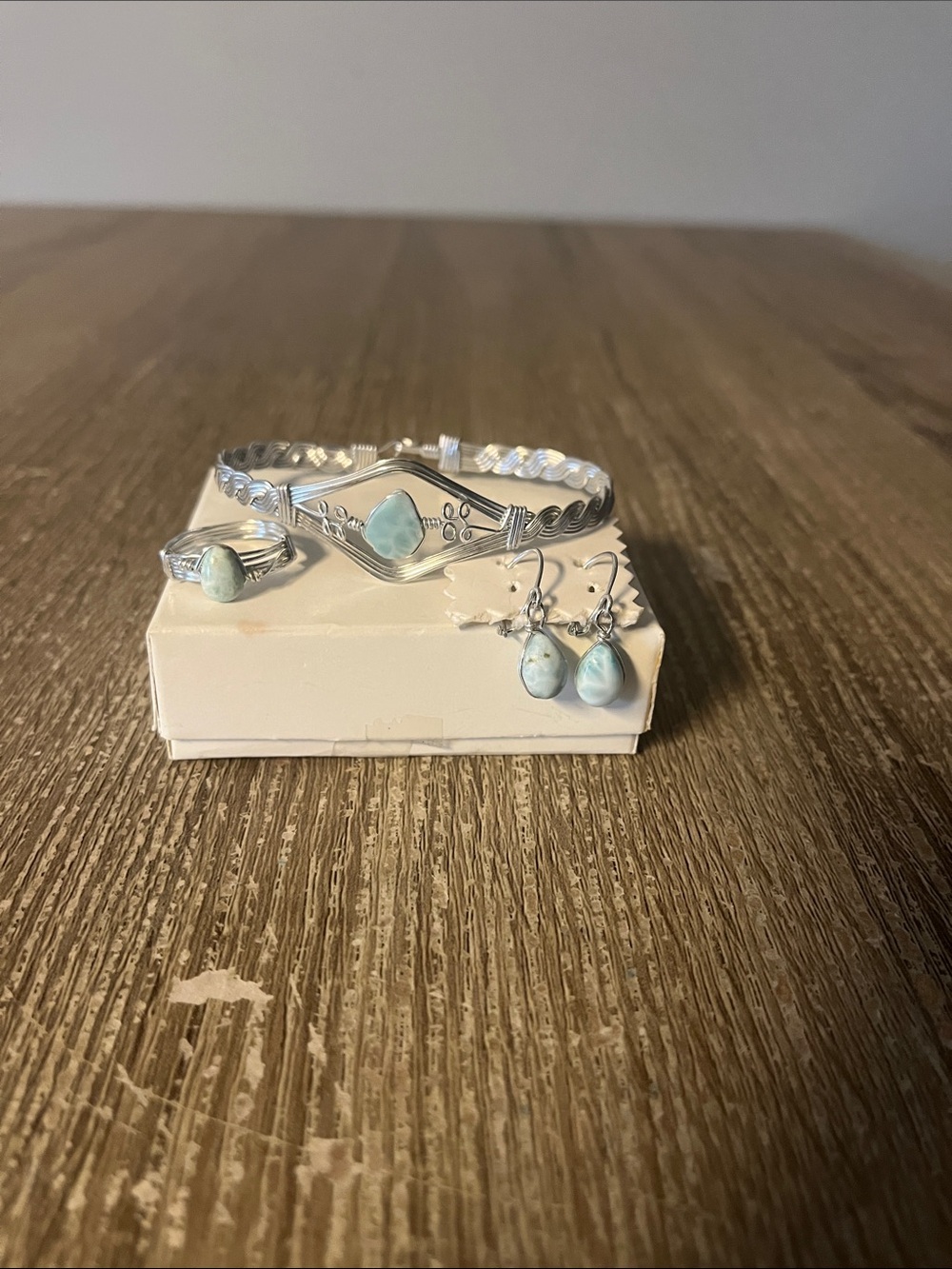 Sterling Silver Larimar Jewelry Set - Light Blue Bracelet, Ring & Earrings